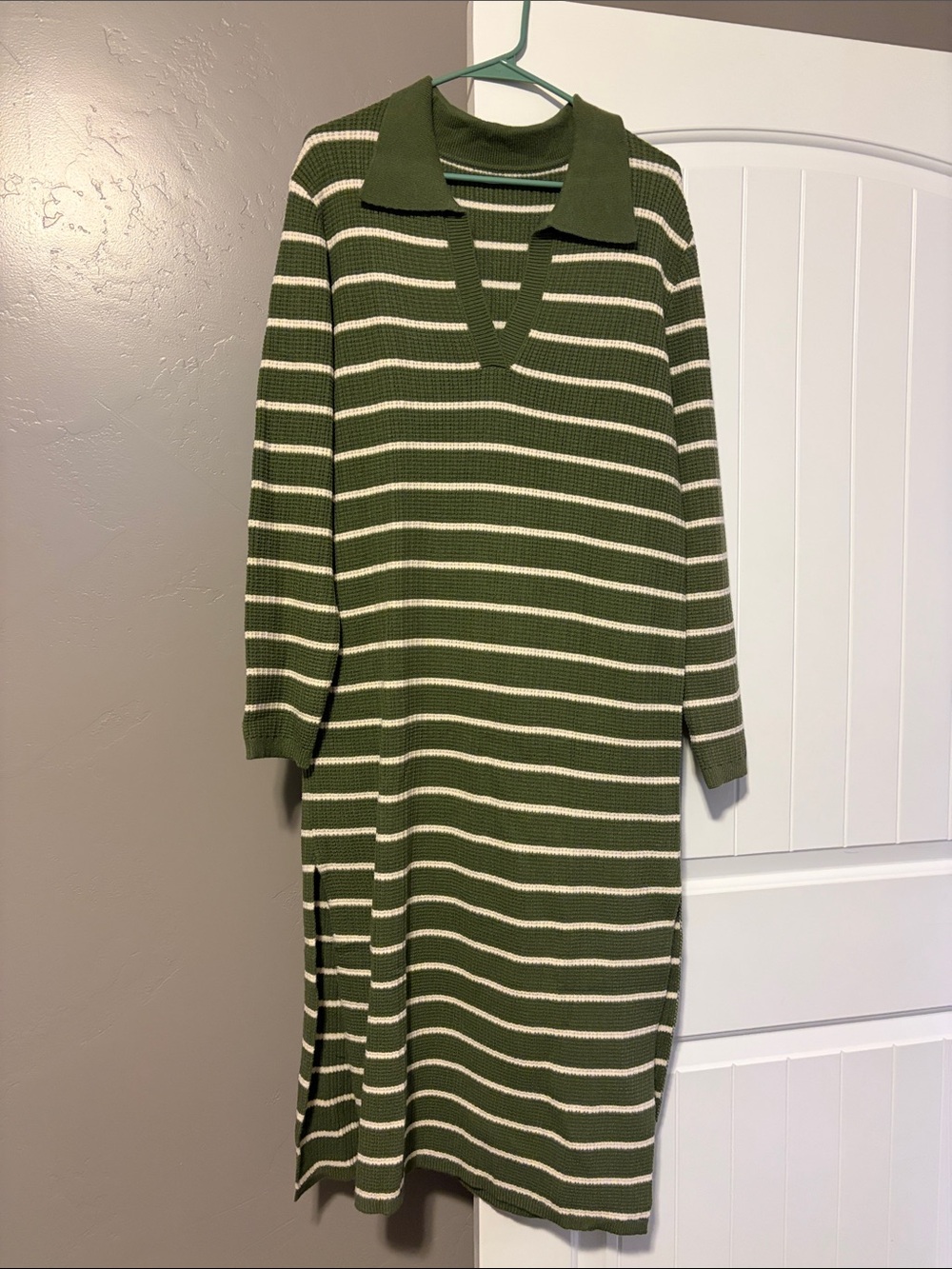Green & Cream Striped Knit Collared Sweater Dress
